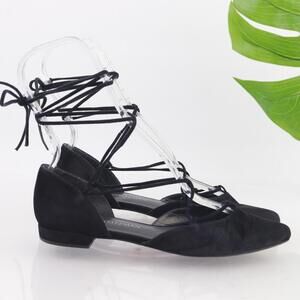 Stuart Weitzman Womens Gilligan Flats Size 7 Black Suede Ankle Tie Ballet Shoes